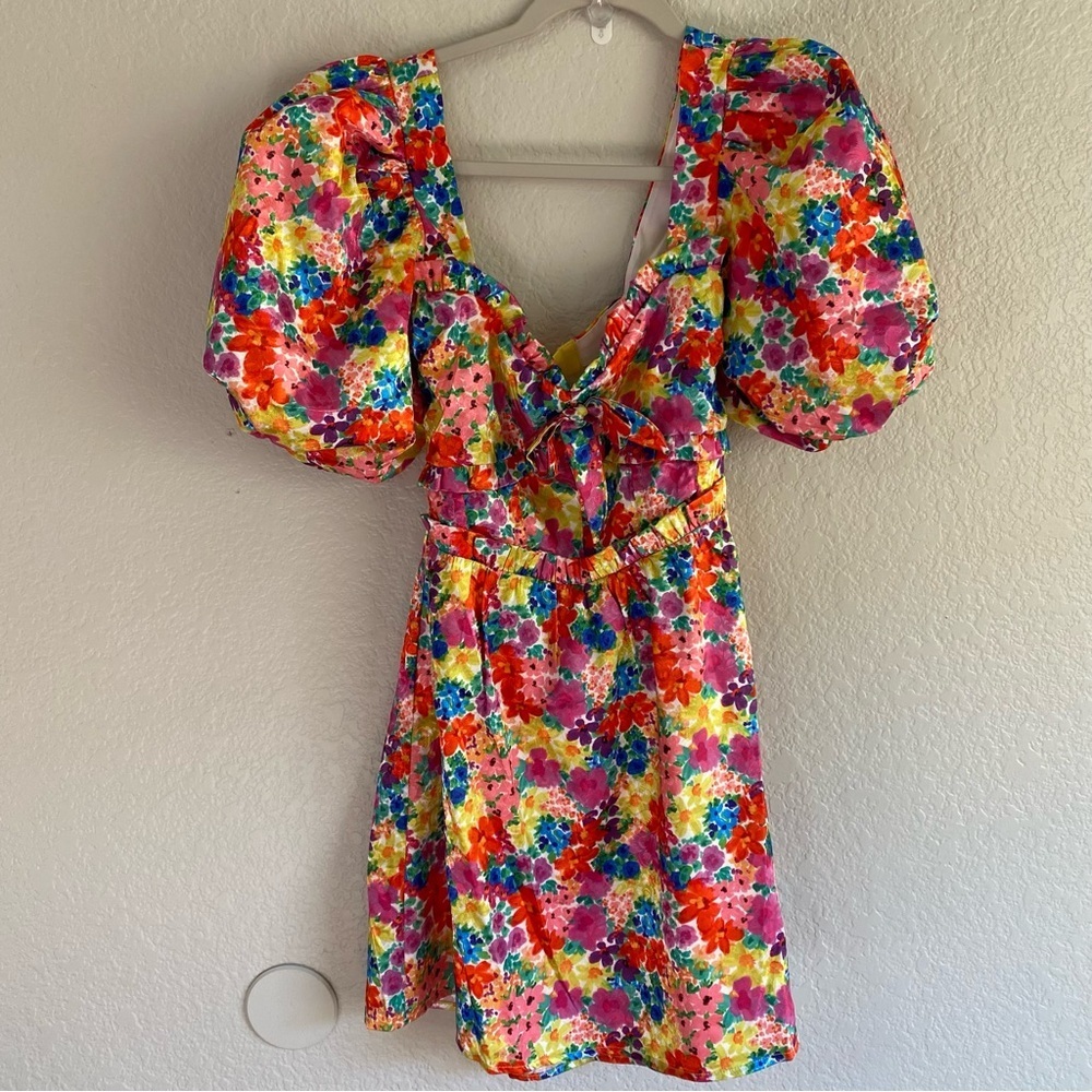 For Love & Lemons Merrill Puff Sleeve Mini Dress - Red-Colorful Floral